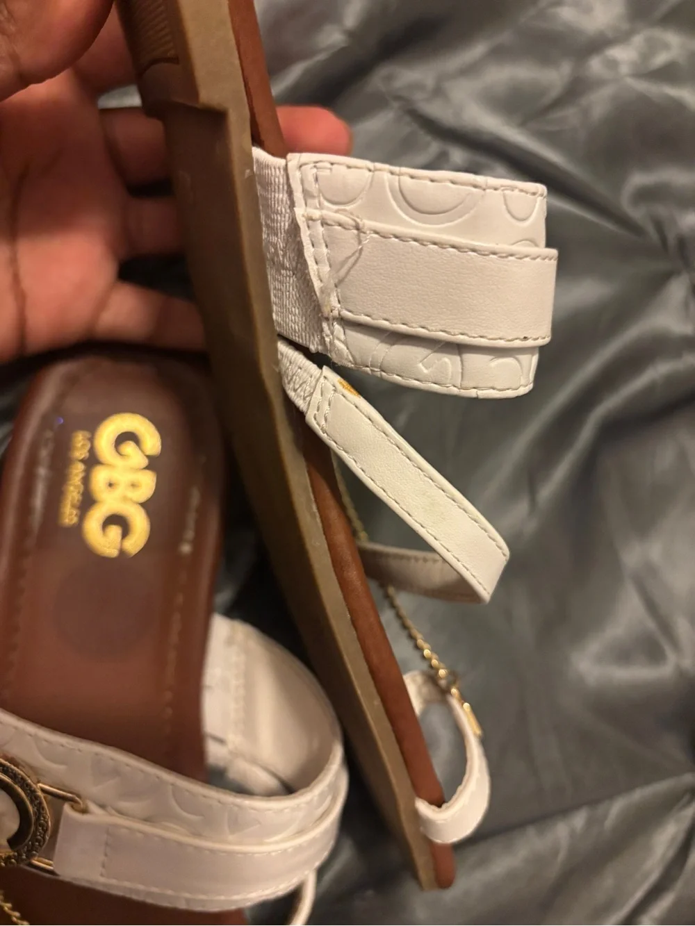 G by Guess Cream Leather Chain-Accent Sandals